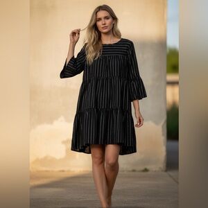 Gap Dress Womens Size XL Black Silver Metallic Stripe Oversized Bell Sleeve Tier